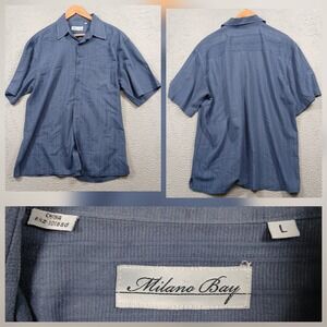 Milano Bay Shirt Mens L Blue Striped Short Sleeve Textured Casual Button Down